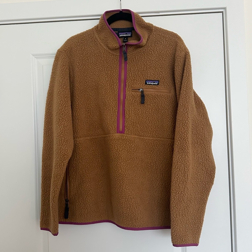 Patagonia Brown Sherpa Fleece Pullover with Purple Trim